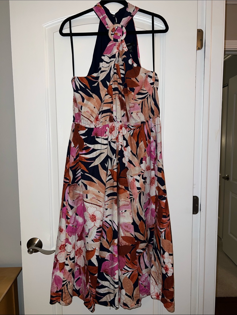 Maggy London Navy Tropical Print Halter Dress
